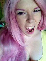 Size: 480x640 | Tagged: safe, artist:mintyblitzz, fluttershy, human, cleavage, clothes, cosplay, fangs, female, flutterbat, irl, irl human, photo, red eyes, solo