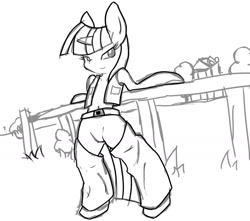 Size: 1696x1500 | Tagged: safe, derpibooru import, twilight sparkle, pony, semi-anthro, bipedal, farm, monochrome, sketch, solo, wip