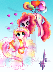 Size: 881x1200 | Tagged: safe, artist:shikimaakemi, fluttershy, pinkie pie, earth pony, pegasus, pony, balloon, female, flutterpie, lesbian, shipping, then watch her balloons lift her up to the sky, watermark