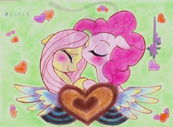 Size: 1200x878 | Tagged: safe, artist:shikimaakemi, fluttershy, pinkie pie, earth pony, pegasus, pony, blushing, female, flutterpie, forehead kiss, kissing, lesbian, shipping, traditional art