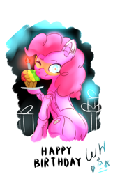 Size: 900x1390 | Tagged: safe, artist:walthooves, pinkie pie, earth pony, pony, robot, cupcake, happy birthday, rainbow cupcake, solo, wink