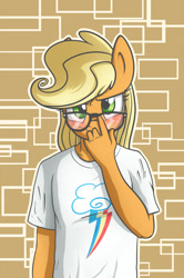 Size: 1000x1504 | Tagged: safe, artist:nolycs, applejack, anthro, adorkable, blushing, cute, dork, glasses, implied appleblitz (straight), implied appledash, implied shipping, solo