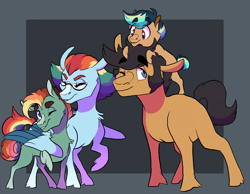 Size: 1800x1400 | Tagged: safe, artist:baylard, derpibooru import, quibble pants, rainbow dash, oc, oc:arrowhead, oc:wayfinder, earth pony, pegasus, pony, abstract background, alternate hairstyle, chest fluff, colt, eye clipping through hair, eyebrows visible through hair, eyes closed, family, female, glasses, hug, male, mare, missing cutie mark, offspring, older, one eye closed, parent:quibble pants, parent:rainbow dash, parents:quibbledash, quibbledash, shipping, sideburns, stallion, straight, winghug