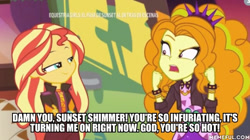 Size: 600x335 | Tagged: safe, edit, edited screencap, screencap, adagio dazzle, sunset shimmer, better together, equestria girls, sunset's backstage pass!, female, lesbian, music festival outfit, shipping, sunsagio