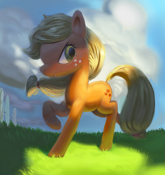 Size: 1650x1750 | Tagged: safe, artist:verrmont, applejack, earth pony, pony, fence, grass, hatless, missing accessory, raised hoof, solo, unamused