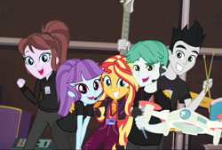 Size: 1065x720 | Tagged: safe, screencap, chase reverb, coffee rush, sunset shimmer, better together, equestria girls, backstage pass, drone, drumsticks, female, how to backstage, male, microphone, photo, selfie drone, smiling