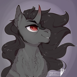 Size: 800x800 | Tagged: safe, artist:zakkurro, derpibooru import, king sombra, pony, unicorn, bust, chest fluff, curved horn, flowing mane, fluffy, missing accessory, solo