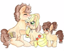 Size: 2560x2024 | Tagged: safe, artist:unoriginai, applejack, cheese sandwich, oc, earth pony, pony, blushing, cheesejack, crack shipping, cute, family, female, filly, hat, offspring, parent:applejack, parent:cheese sandwich, parents:cheesejack, shipping, traditional art