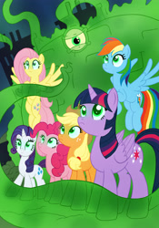 Size: 2784x3984 | Tagged: safe, artist:edcom02, artist:jmkplover, derpibooru import, applejack, fluttershy, pinkie pie, rainbow dash, rarity, twilight sparkle, twilight sparkle (alicorn), alicorn, alien, earth pony, pegasus, pony, unicorn, brains!, crossover, glowing eyes, green eyes, mane six, meteor, mind control, the grim adventures of billy and mandy