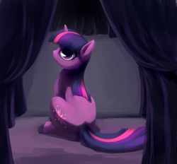 Size: 2800x2600 | Tagged: safe, artist:sokolas, derpibooru import, twilight sparkle, curtains, looking at you, looking back, sitting, smiling, solo