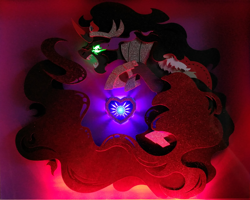 Size: 2848x2280 | Tagged: safe, artist:jiuweidehuli, derpibooru import, king sombra, pony, umbrum, unicorn, angry, beautiful, craft, crystal heart, fangs, glow, male, papercraft, shadow, shadowbox, solo, sombra eyes, traditional art