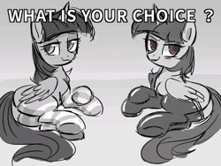 Size: 960x720 | Tagged: safe, artist:colorfulcolor233, mean twilight sparkle, twilight sparkle, twilight sparkle (alicorn), alicorn, pony, the mean 6, :3, bedroom eyes, blushing, clone, clothes, comparison, female, gray background, grayscale, grin, lidded eyes, looking at you, looking back, mare, monochrome, on side, plot, self ponidox, simple background, smiling, smirk, socks, striped socks, text, thigh highs, underhoof, why not both