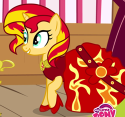 Size: 465x435 | Tagged: safe, sunset shimmer, pony, unicorn, clothes, dress, facebook, fim logo, high heels, my little pony logo, official, shoes, solo