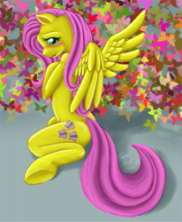 Size: 577x700 | Tagged: safe, artist:carriepika, fluttershy, butterfly, pegasus, pony, solo, underhoof