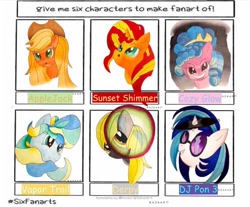 Size: 750x622 | Tagged: safe, artist:lexikapusinski, applejack, cozy glow, derpy hooves, dj pon-3, sunset shimmer, vapor trail, vinyl scratch, earth pony, pegasus, pony, unicorn, bust, female, filly, mare, six fanarts, smiling, sunglasses, traditional art