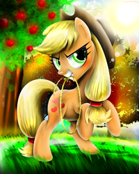 Size: 1280x1600 | Tagged: safe, artist:pinkrose2001, applejack, earth pony, pony, grin, lens flare, mouth hold, rearing, rope, solo, sun, tree