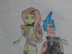 Size: 1024x768 | Tagged: safe, artist:brandonale, fluttershy, equestria girls, black star, clothes, cosplay, costume, crossover, patrick star, soul eater, spongebob squarepants, traditional art, tsubaki nakatsukasa