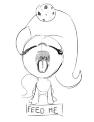 Size: 610x795 | Tagged: safe, artist:augustbebel, fluttershy, pegasus, pony, cookie, esophagus, eyes closed, gullet, impossibly large head, mawshot, monochrome, open mouth, tongue out, uvula