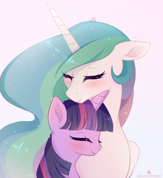 Size: 796x870 | Tagged: safe, artist:verawitch, princess celestia, twilight sparkle, alicorn, pony, unicorn, blushing, bust, eyes closed, fairandfaithful, female, floppy ears, gradient background, lesbian, mare, momlestia, neck nuzzle, nuzzling, portrait, shipping, smiling, twilestia