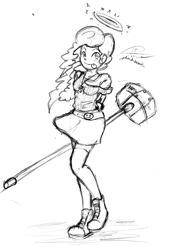 Size: 1385x1993 | Tagged: safe, artist:leadhooves, pinkie pie, human, converse, hammer, humanized, monochrome, solo, war hammer