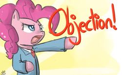 Size: 1300x800 | Tagged: dead source, safe, artist:speccysy, pinkie pie, earth pony, pony, ace attorney, crossover, objection, phoenix wright, solo