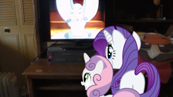 Size: 1696x954 | Tagged: safe, rarity, sweetie belle, dumbo, irl, meme, photo, ponies in real life, television, this will end in tears