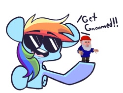 Size: 1003x754 | Tagged: safe, artist:sourspot, derpibooru import, rainbow dash, gnome, pegasus, pony, female, mare, noggin clontith, simple background, smiling, solo, sunglasses, you've been gnomed