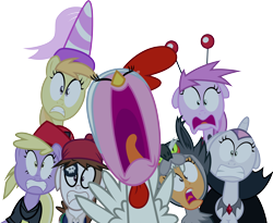 Size: 3654x3000 | Tagged: safe, artist:firestorm-can, dinky hooves, noi, pinkie pie, pipsqueak, piña colada, scootaloo, sweetie belle, earth pony, pony, luna eclipsed, applecore, clothes, costume, nightmare night, nightmare night costume, screaming, simple background, transparent background, vector