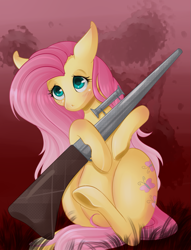 Size: 895x1171 | Tagged: safe, artist:chiweee, fluttershy, pegasus, pony, female, gun, mare, solo