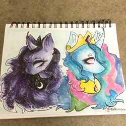 Size: 1024x1024 | Tagged: safe, artist:katsswu, princess celestia, princess luna, alicorn, pony, crown, female, horn, jewelry, mare, regalia, siblings, sisters, traditional art