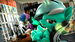 Size: 3840x2160 | Tagged: safe, artist:whiteskyline, bon bon, derpy hooves, lyra heartstrings, sweetie drops, oc, oc:cream heart, pegasus, pony, unicorn, 3d, city, clock, coffee, ferrari 458 italia, glasses, office, phone, shelby gt500 mustang, source filmmaker