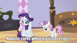 Size: 888x499 | Tagged: safe, edit, edited screencap, screencap, rarity, sweetie belle, pony, unicorn, sisterhooves social, meme, sad