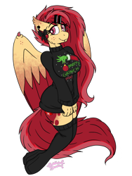 Size: 768x1024 | Tagged: safe, artist:rubysplash2018, oc, oc only, oc:ruby splash, anthro, bat pony, bat pony oc, bottomless, bow, clothes, hair bow, hairclip, hybrid wings, jumper, partial nudity, simple background, socks, solo, sweater, the grinch, thigh highs, transparent background