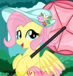 Size: 1670x1732 | Tagged: safe, artist:xwhitedreamsx, fluttershy, pegasus, pony, alternate hairstyle, flower, hat, solo, umbrella