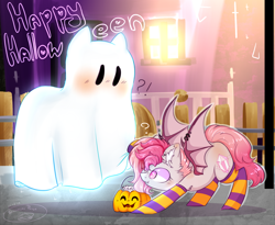 Size: 2070x1700 | Tagged: safe, artist:peneck_cyka_blet, oc, oc only, oc:candy quartz, bat pony, ghost, pony, alleyway, bat pony oc, bedsheet ghost, blushing, clothes, cute, female, fence, fluffy, halloween, happy halloween, holiday, night, piercing, pumpkin bucket, shaved mane, socks, spread wings, stockings, striped socks, text, thigh highs, trick or treat, two toned mane, two toned wings, window, wing piercing, wings