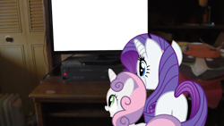 Size: 1696x954 | Tagged: safe, rarity, sweetie belle, buttercup (powerpuff girls), exploitable, irl, photo, plot, ponies in real life, rear view, television, the powerpuff girls