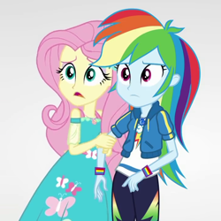 Size: 720x720 | Tagged: safe, derpibooru import, screencap, fluttershy, rainbow dash, better together, equestria girls, rollercoaster of friendship, cropped, duo, female, geode of fauna, geode of super speed, magical geodes