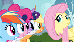 Size: 1670x941 | Tagged: safe, derpibooru import, screencap, applejack, fluttershy, pinkie pie, rainbow dash, rarity, twilight sparkle, twilight sparkle (alicorn), alicorn, earth pony, pegasus, pony, unicorn, it ain't easy being breezies, cropped, cute, female, listening, mane six, mare, smiling, whispering