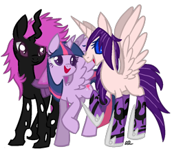 Size: 892x776 | Tagged: safe, artist:xxmentalincxx, derpibooru import, twilight sparkle, twilight sparkle (alicorn), oc, oc:akantia solaris, oc:queen metamorphosis, alicorn, changeling, changeling queen, pony, alicorn oc, changeling queen oc, female, purple changeling