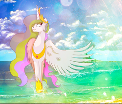 Size: 2822x2420 | Tagged: safe, artist:asika-aida, princess celestia, alicorn, pony, beach, reflection, solo, spread wings, water