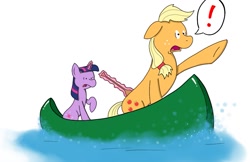 Size: 1055x684 | Tagged: safe, artist:cardboardpony, applejack, twilight sparkle, earth pony, pony, boat, canoe, exclamation point, paddle, water