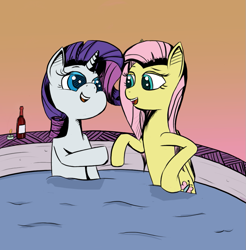 Size: 1035x1051 | Tagged: safe, artist:flutteriot, fluttershy, rarity, pegasus, pony, unicorn, candle, hot tub, spa, wine