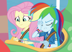 Size: 1154x843 | Tagged: safe, derpibooru import, screencap, fluttershy, rainbow dash, better together, equestria girls, rollercoaster of friendship, cropped, duo, facepalm, geode of fauna, geode of super speed, magical geodes