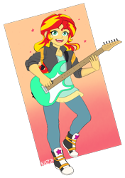 Size: 2100x2990 | Tagged: safe, artist:slimegummie, sunset shimmer, human, equestria girls, abstract background, clothes, converse, cute, electric guitar, female, guitar, happy, jacket, open mouth, shimmerbetes, shoes, smiling, sneakers, solo, stars, sunset shredder