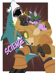 Size: 2100x2800 | Tagged: safe, artist:fauxsquared, derpibooru import, twilight sparkle, shark, fight, mecha, punch, science, wat