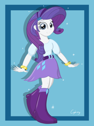 Size: 1936x2592 | Tagged: safe, artist:thebrokencog, rarity, equestria girls, boots, bracelet, clothes, cute, female, high heel boots, jewelry, looking at you, raised leg, raribetes, skirt, solo, sparkles