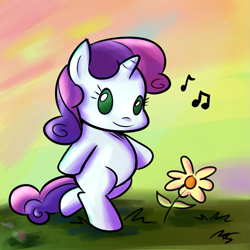 Size: 945x945 | Tagged: safe, artist:megasweet, artist:rustydooks, sweetie belle, unicorn, beady eyes, bipedal, cute, diasweetes, flower, music notes, smarty belle, solo