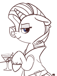 Size: 1280x1720 | Tagged: safe, artist:pabbley, rarity, pony, unicorn, rarity investigates, alcohol, clothes, detective rarity, lidded eyes, martini, partial color, simple background, solo, white background
