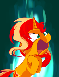 Size: 2851x3716 | Tagged: safe, artist:andromedasparkz, sunset shimmer, pony, unicorn, angry, female, fiery shimmer, fire, mare, messy mane, newbie artist training grounds, open mouth, solo