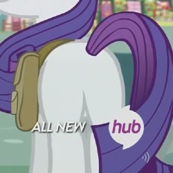 Size: 527x527 | Tagged: safe, screencap, rarity, pony, unicorn, inspiration manifestation, all new, cropped, female, hub logo, hubble, mare, plot, rearity, solo, text